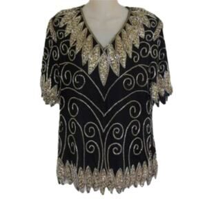 Vintage Valentino Style Sequins & Silk Art Deco Blouse by Jean for Joseph LeBon